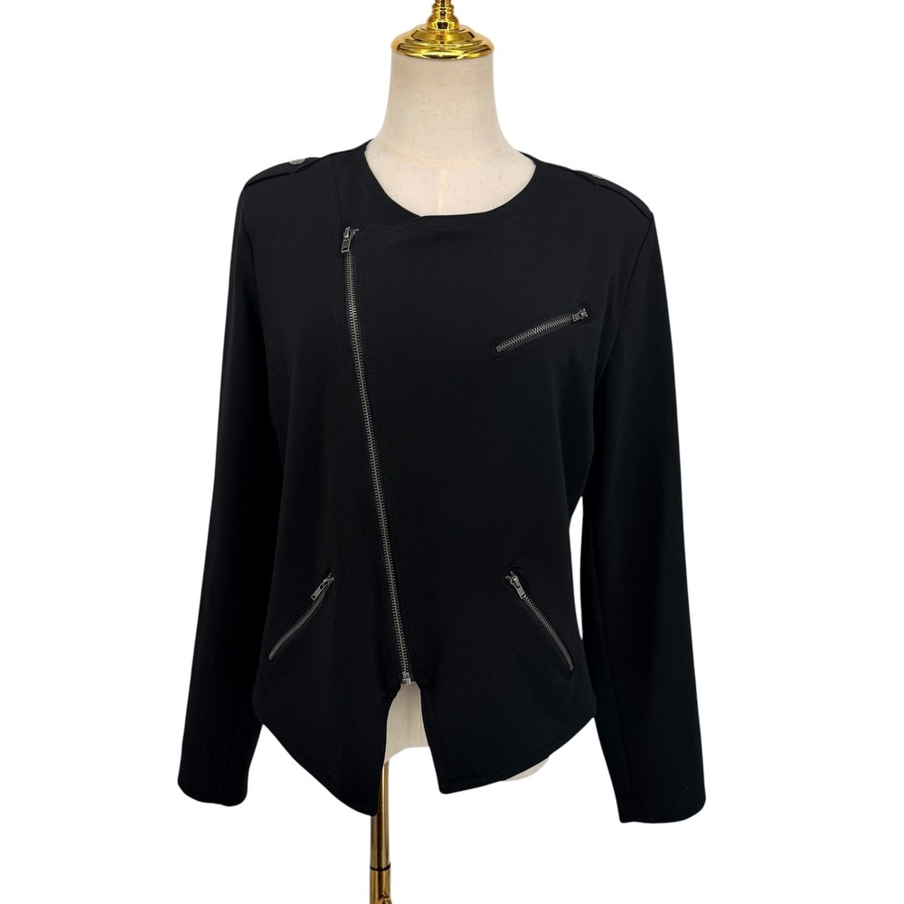 Mossimo Moto Jacket Women Large Black Asymmetrical Zip Collarless Ponte Knit